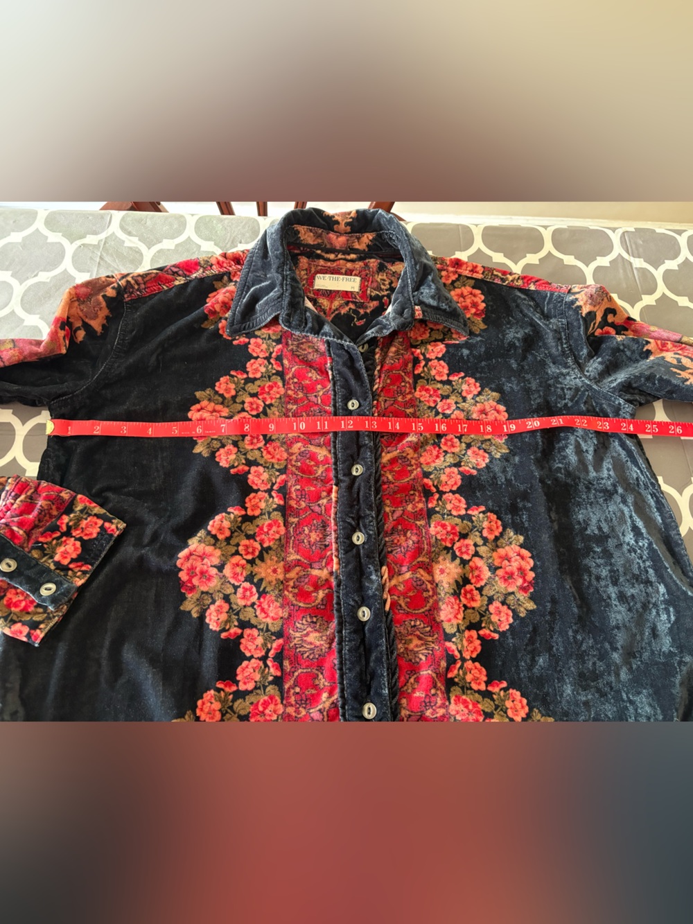We The Free One Night Velvet Top Black Velvet Button-Down with Red Floral Print - Picture 6 of 10